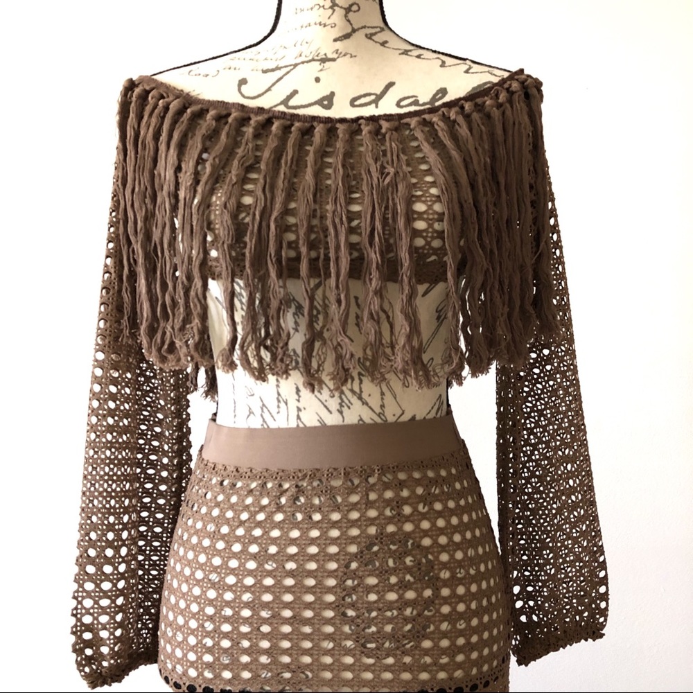 Beach Cover Up Crochet Knit Fringes Maxi Skirt Set - Picture 7 of 8